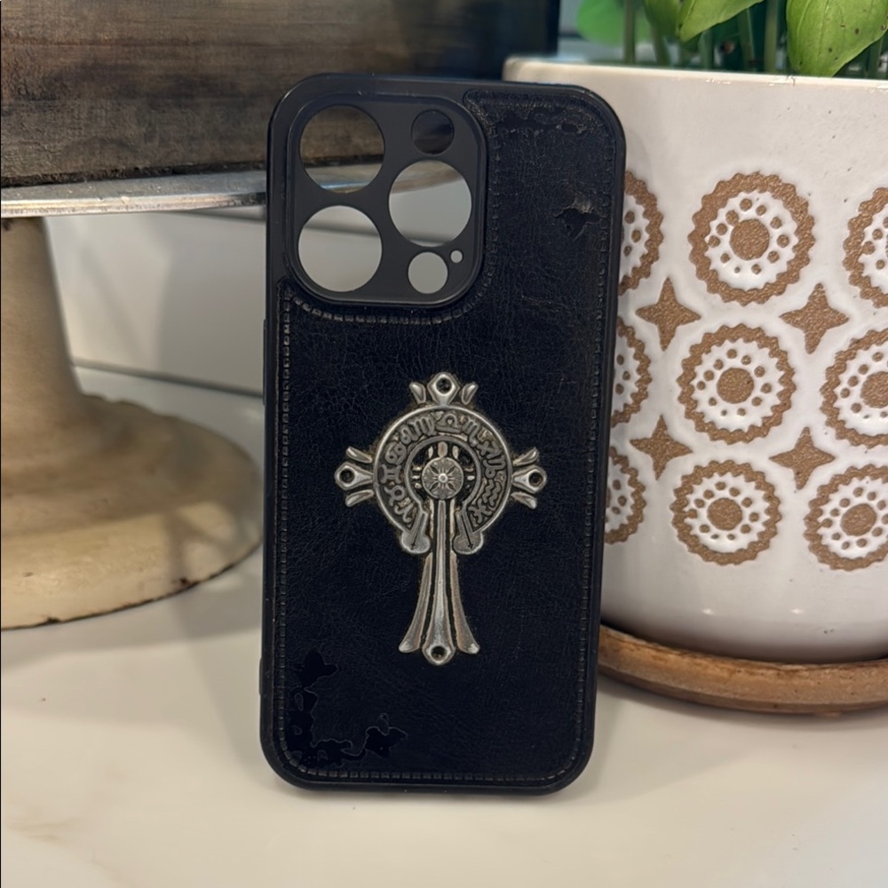 chromehearts Black Silver Protective Phone Case, Gothic Cross iPhone 15 Pro